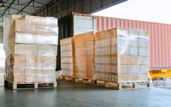 Stack of cardboard boxes on pallet at distribution warehouse for load into container